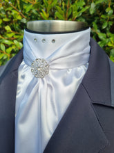 Load image into Gallery viewer, ERA ELLE STOCK TIE - White satin Soft Ties with navy or black piping, crystals &amp; brooch
