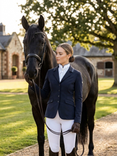 Load image into Gallery viewer, ERA Euro Elle Split Collar Stock Tie - Soft Ties with navy piping, Swarovski elements and Brooch
