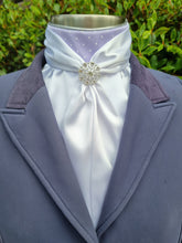 Load image into Gallery viewer, ERA Elle Stock Tie Plastron - White Satin with Dainty White Spot on Pale Lilac and Brooch
