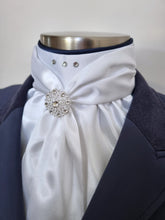 Load image into Gallery viewer, ERA ELLE STOCK TIE - White satin Soft Ties with navy piping, crystals &amp; brooch
