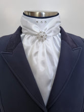 Load image into Gallery viewer, ERA ELLE STOCK TIE - White satin Soft Ties with navy piping, crystals &amp; brooch
