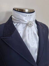 Load image into Gallery viewer, ERA ELLE STOCK TIE - White satin Soft Ties with navy piping, crystals &amp; brooch
