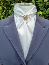 Load image into Gallery viewer, ERA ELLE STOCK TIE - White satin Soft Ties with silver piping and rose gold crystal brooch
