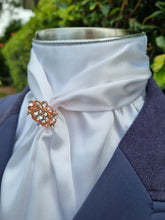Load image into Gallery viewer, ERA ELLE STOCK TIE - White satin Soft Ties with silver piping and rose gold crystal brooch
