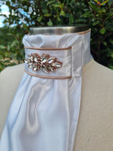 Load image into Gallery viewer, ERA Euro Lyndal Stock Tie - White satin with Plume Embellishment - Silver or rose gold
