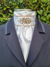 Load image into Gallery viewer, ERA Euro Lyndal Stock Tie - White satin with Plume Embellishment - Silver or rose gold
