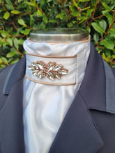 Load image into Gallery viewer, ERA Euro Lyndal Stock Tie - White satin with Plume Embellishment - Silver or rose gold
