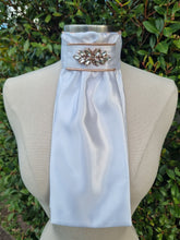 Load image into Gallery viewer, ERA Euro Lyndal Stock Tie - White satin with Plume Embellishment - Silver or rose gold
