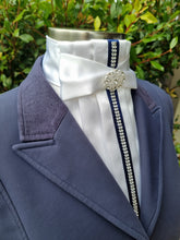 Load image into Gallery viewer, ERA Euro Adelinde Stock Tie - White satin with navy ribbbon &amp; crystal trim down centre
