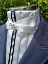 Load image into Gallery viewer, ERA Euro Adelinde Stock Tie - White satin with navy ribbbon &amp; crystal trim down centre
