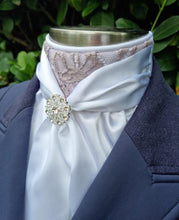 Load image into Gallery viewer, ERA Elle Stock Tie - Soft Ties with Mushroom Taupe Lace detail and Brooch
