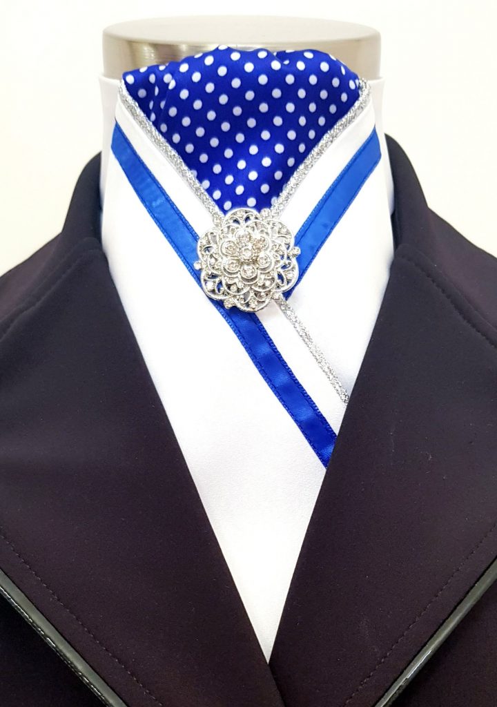 ERA FIONA STOCK TIE - CLEARANCE - White satin, royal blue polka dot, silver piping, royal blue trim trim and brooch