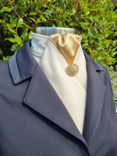 Load image into Gallery viewer, ERA HARLEY STOCK TIE - Cream satin, gold piping and brooch
