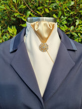 Load image into Gallery viewer, ERA HARLEY STOCK TIE - Cream satin, gold piping and brooch
