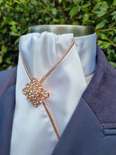 Load image into Gallery viewer, ERA HARLEY STOCK TIE - White satin, Rose Gold metallic piping and brooch
