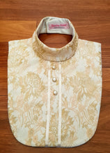 Load image into Gallery viewer, ERA Bib Front –CLEARANCE - Gold lace with ribbon &amp; lace trim and gold brooch
