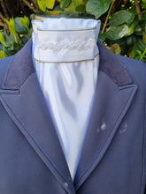 Load image into Gallery viewer, ERA Euro Lyndal Regal Stock tie - White Satin with silver metallic piping and small pearl trim
