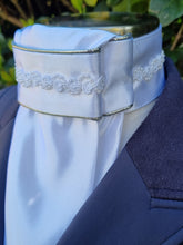 Load image into Gallery viewer, ERA Euro Lyndal Regal Stock tie - White Satin with silver metallic piping and small pearl trim
