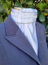 Load image into Gallery viewer, ERA Euro Lyndal Regal Stock tie - White Satin with silver metallic piping and small pearl trim
