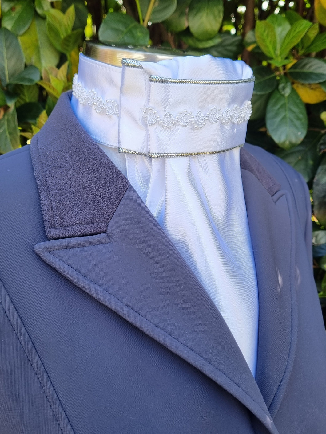 ERA Euro Lyndal Regal Stock tie - White Satin with silver metallic piping and small pearl trim