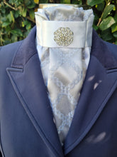 Load image into Gallery viewer, ERA Euro Lyndal Stock Tie - White satin and silver brocade with brooch
