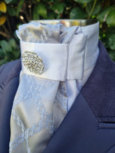 Load image into Gallery viewer, ERA Euro Lyndal Stock Tie - White satin and silver brocade with brooch
