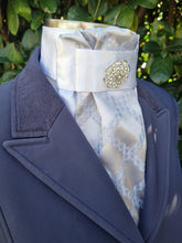 Load image into Gallery viewer, ERA Euro Lyndal Stock Tie - White satin and silver brocade with brooch
