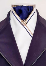 Load image into Gallery viewer, ERA MARLO STOCK TIE - CLEARANCE - Cream satin, navy, gold &amp; navy piping and brooch
