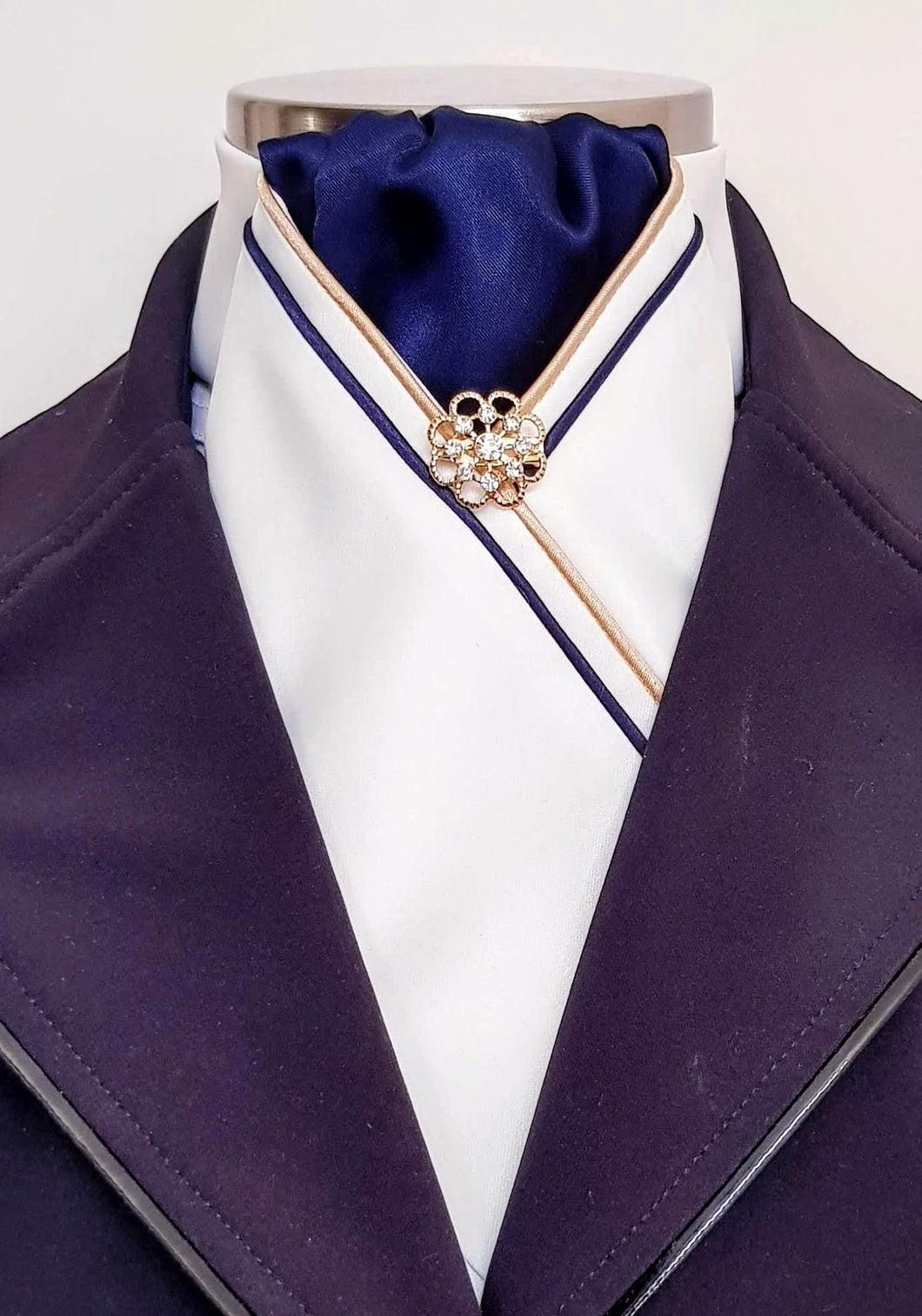 ERA MARLO STOCK TIE - CLEARANCE - Cream satin, navy, gold & navy piping and brooch