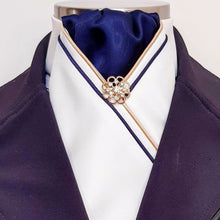 Load image into Gallery viewer, ERA MARLO STOCK TIE - CLEARANCE - Cream satin, navy, gold &amp; navy piping and brooch
