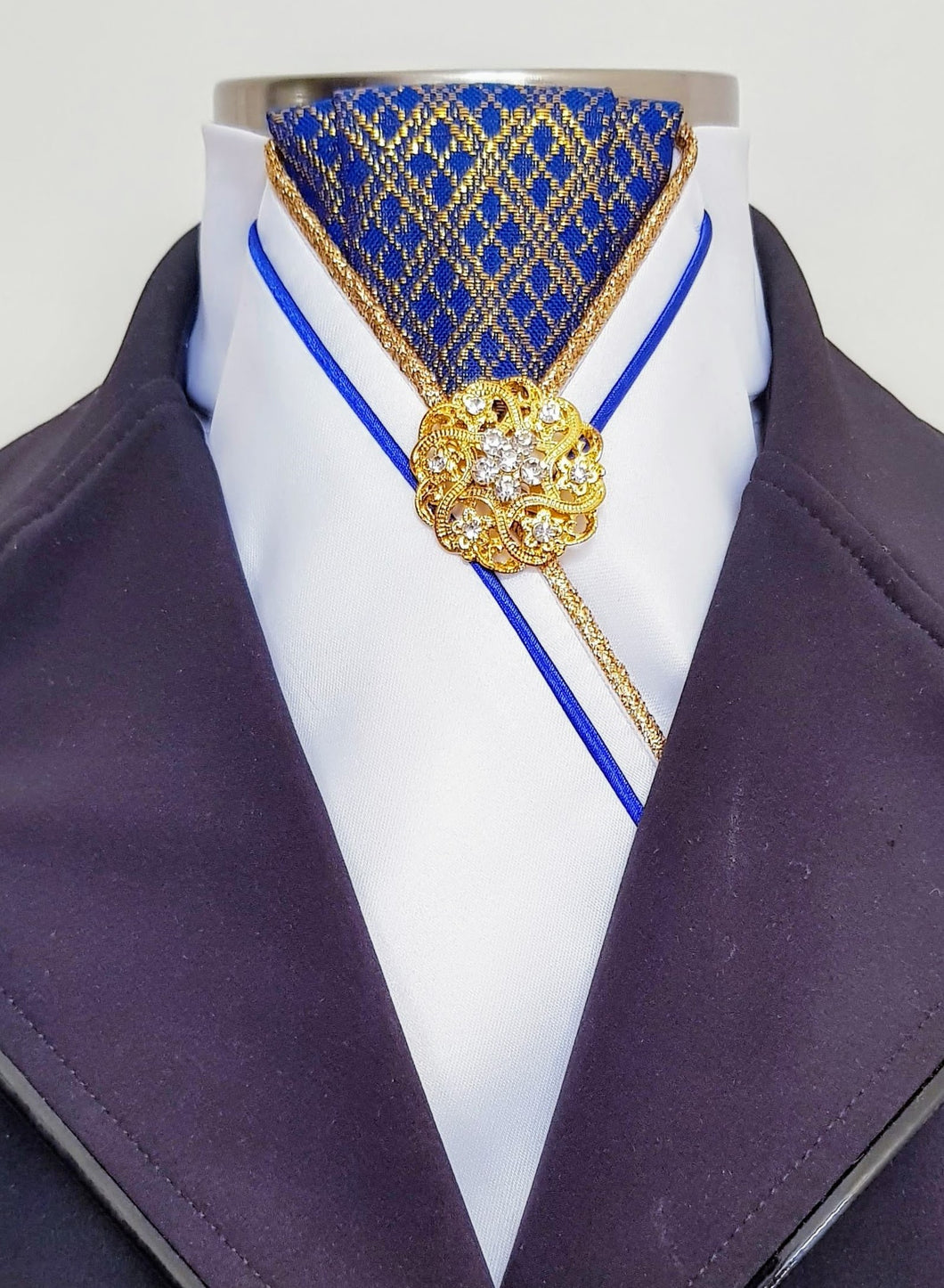 ERA MARLO STOCK TIE - White satin, royal blue/gold brocade with 2 piping & brooch