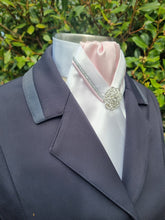 Load image into Gallery viewer, ERA RACHAEL STOCK TIE - White satin and Pale Pink, with silver &amp; pale pink "V" piping &amp; brooch
