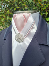 Load image into Gallery viewer, ERA RACHAEL STOCK TIE - White satin and Pale Pink, with silver &amp; pale pink "V" piping &amp; brooch
