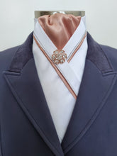 Load image into Gallery viewer, ERA RACHAEL STOCK TIE - White satin, rose gold, silver &amp; rose gold piping &amp; brooch
