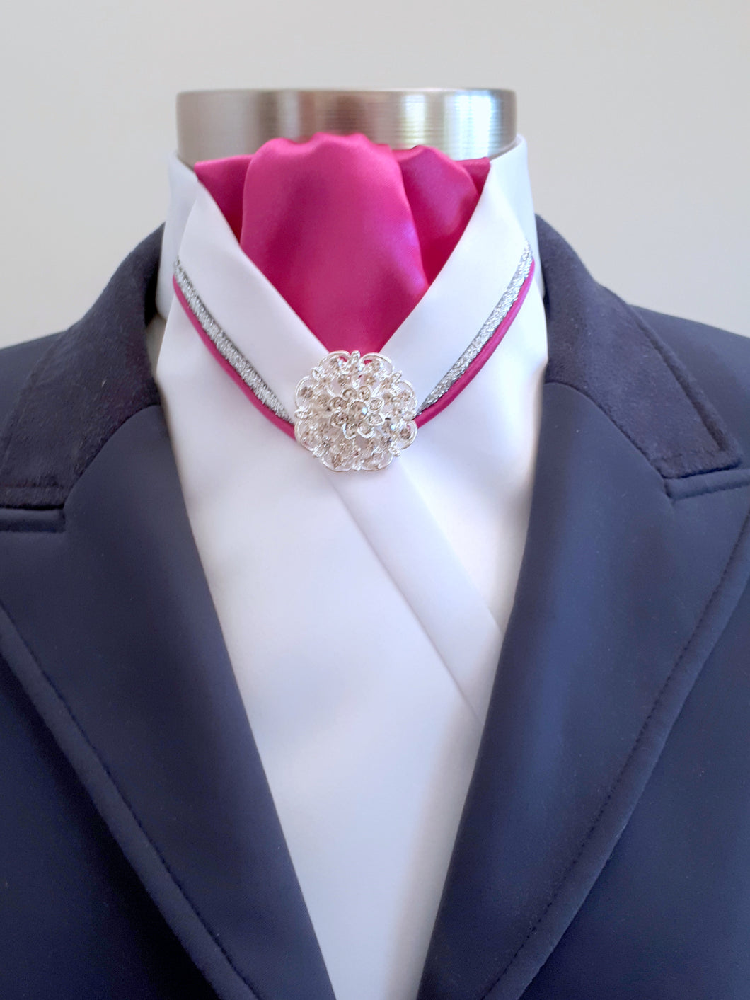 ERA RACHAEL STOCK TIE - White satin, hot pink, silver & pink V piping & brooch