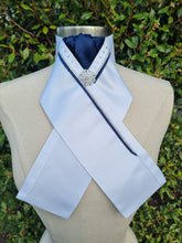 Load image into Gallery viewer, SOPHIE Stock tie - White &amp; navy with silver metallic &amp; navy piping, crystals and silver brooch
