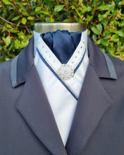 Load image into Gallery viewer, SOPHIE Stock tie - White &amp; navy with silver metallic &amp; navy piping, crystals and silver brooch
