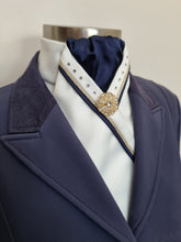 Load image into Gallery viewer, ERA SOPHIE STOCK TIE - Cream and navy satin with navy and gold piping, crystals &amp; brooch
