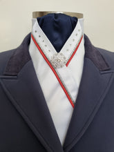 Load image into Gallery viewer, ERA SOPHIE STOCKTIE - White and navy with red &amp; silver metallic V piping, crystals and silver brooch
