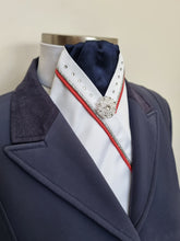 Load image into Gallery viewer, ERA SOPHIE STOCKTIE - White and navy with red &amp; silver metallic V piping, crystals and silver brooch
