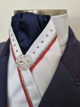 Load image into Gallery viewer, ERA SOPHIE STOCKTIE - White and navy with red &amp; silver metallic V piping, crystals and silver brooch
