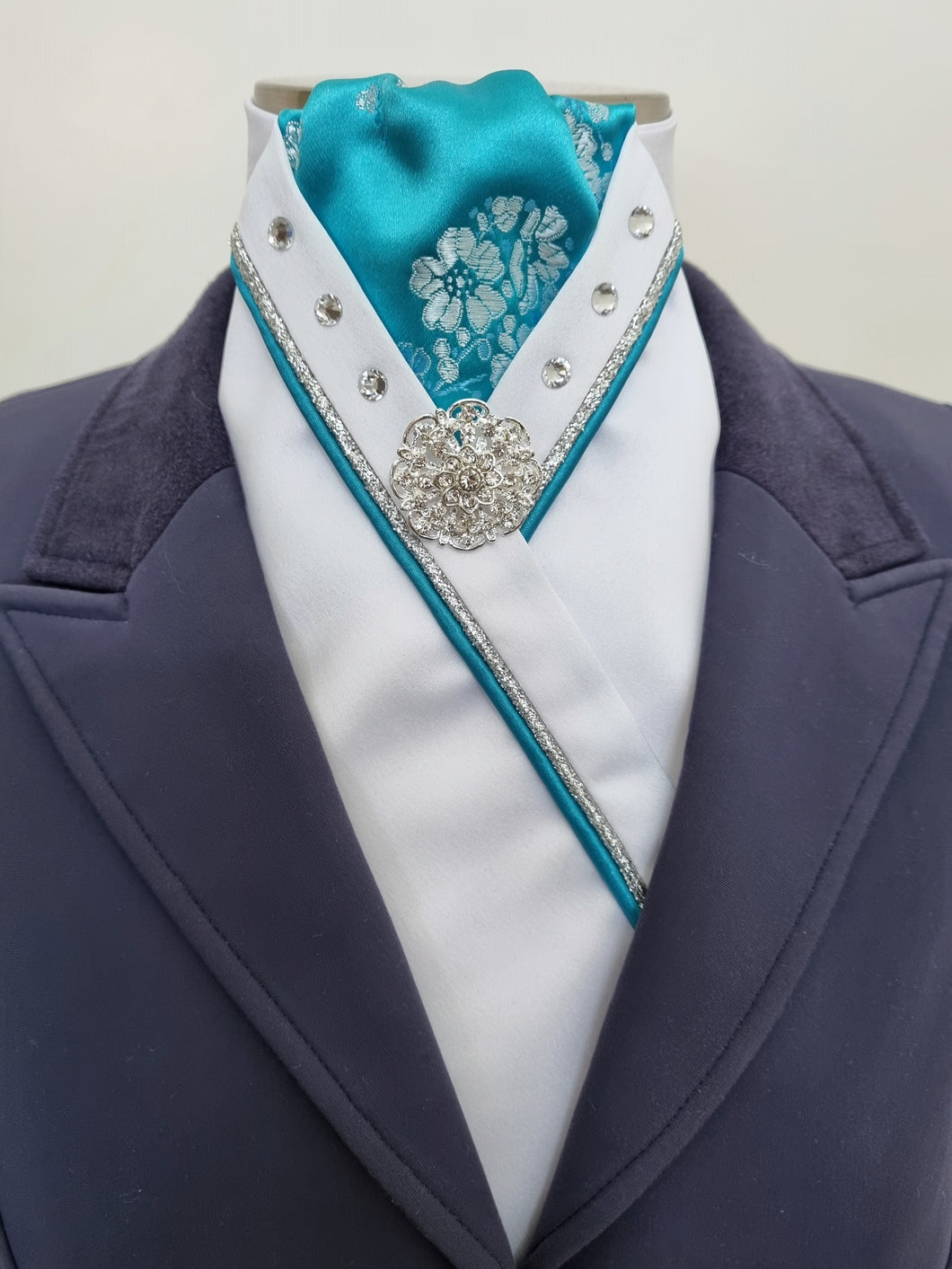 ERA SOPHIE STOCKTIE - CLEARANCE - White & turquoise with silver & turquoise piping, crystals and silver brooch