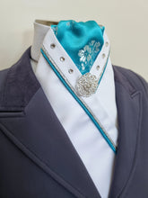 Load image into Gallery viewer, ERA SOPHIE STOCKTIE - CLEARANCE - White &amp; turquoise with silver &amp; turquoise piping, crystals and silver brooch
