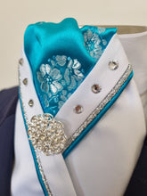 Load image into Gallery viewer, ERA SOPHIE STOCKTIE - CLEARANCE - White &amp; turquoise with silver &amp; turquoise piping, crystals and silver brooch
