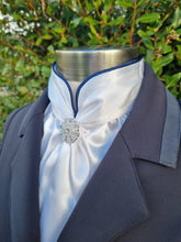 Load image into Gallery viewer, ERA Elle Split Collar Stock Tie - Soft Ties with Split collar, navy piping, Swarovski elements and Brooch
