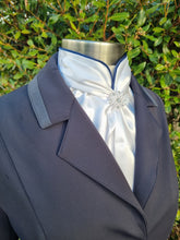 Load image into Gallery viewer, ERA Elle Split Collar Stock Tie - Soft Ties with Split collar, navy piping, Swarovski elements and Brooch

