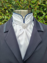 Load image into Gallery viewer, ERA Elle Split Collar Stock Tie - Soft Ties with Split collar, navy piping, Swarovski elements and Brooch
