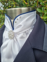 Load image into Gallery viewer, ERA Elle Split Collar Stock Tie - Soft Ties with Split collar, navy piping, Swarovski elements and Brooch
