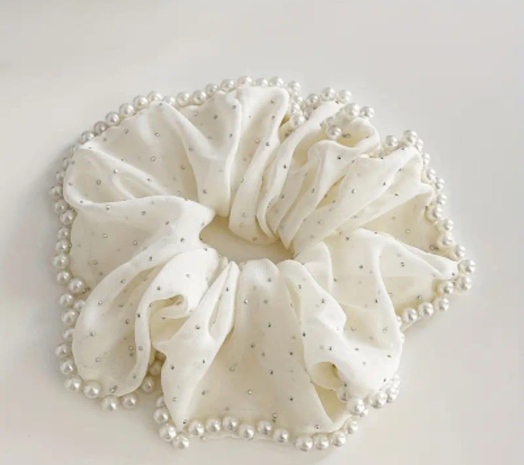 Hair Scrunchie - Large Black or off white scrunchie with pearls & crystals - Free postage in Australia
