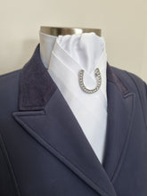 Load image into Gallery viewer, ERA SHARON STOCK TIE - White satin with pleat with Horse Shoe brooch

